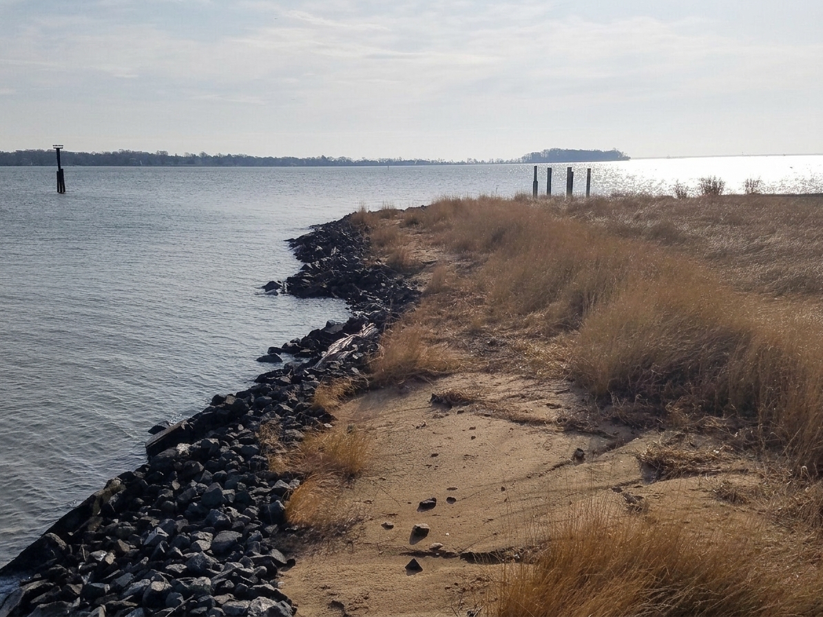 Before: Turkey Point, 2019 — an eroding marsh edge with dark, scattered stone.