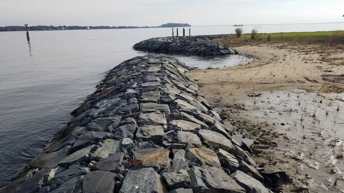 After: Turkey Point, 2019 — the finished stone sill with planted marsh behind it.