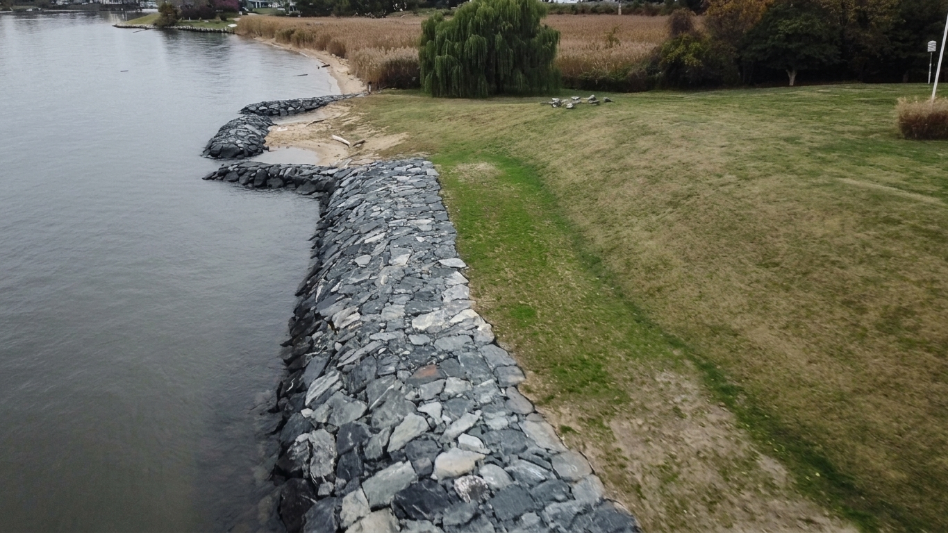 Turkey Point, 2019: aerial of the finished revetment curving past the lawn.