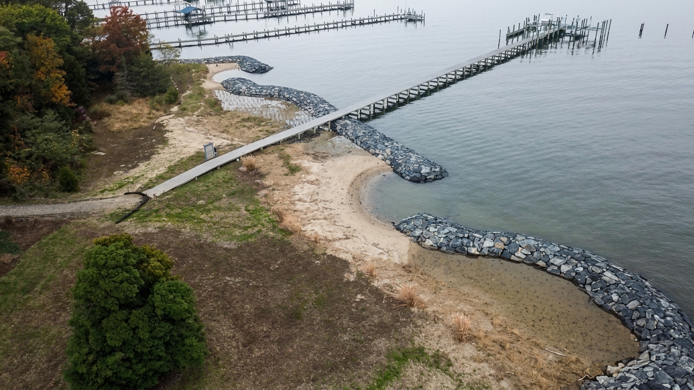 Turkey Point, 2019: drone view looking down on the stone sill and the pier.