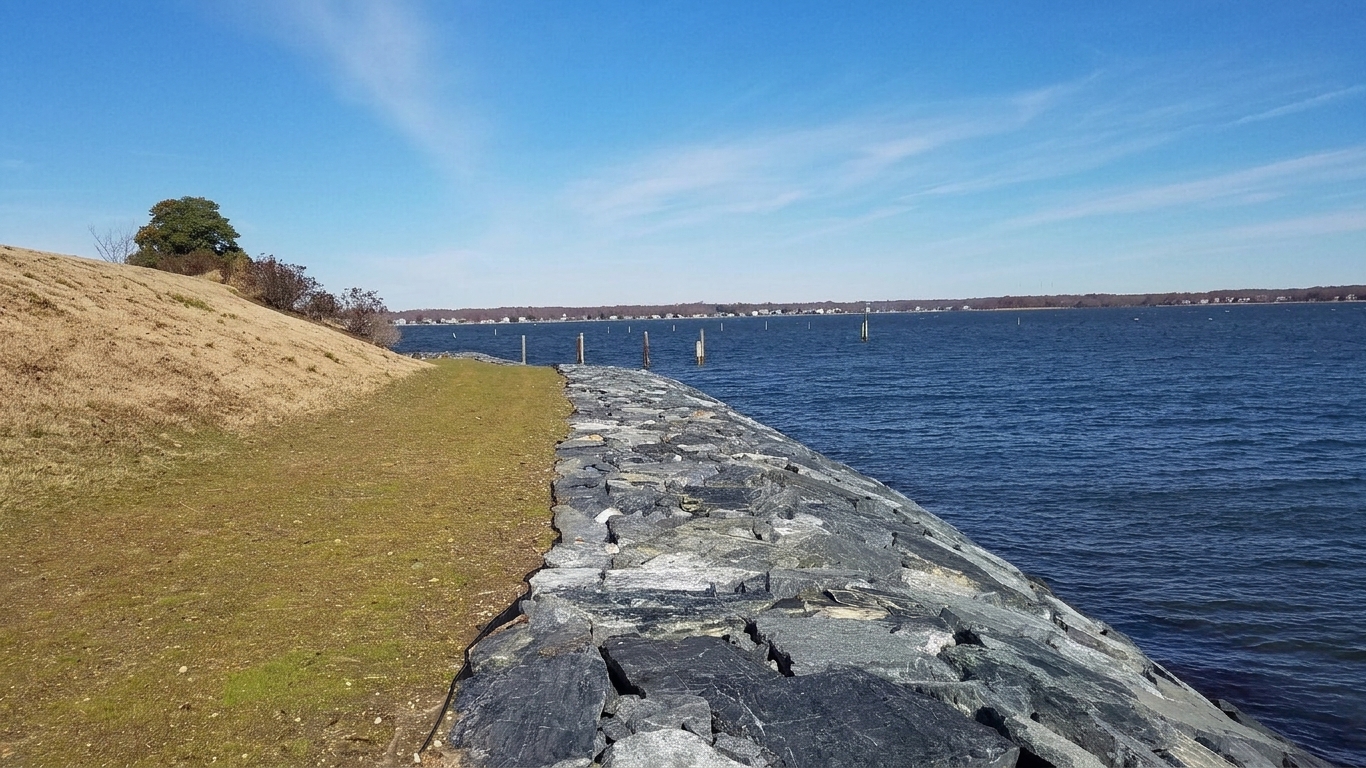 Turkey Point, 2019: finished stone revetment against deep blue Bay water.