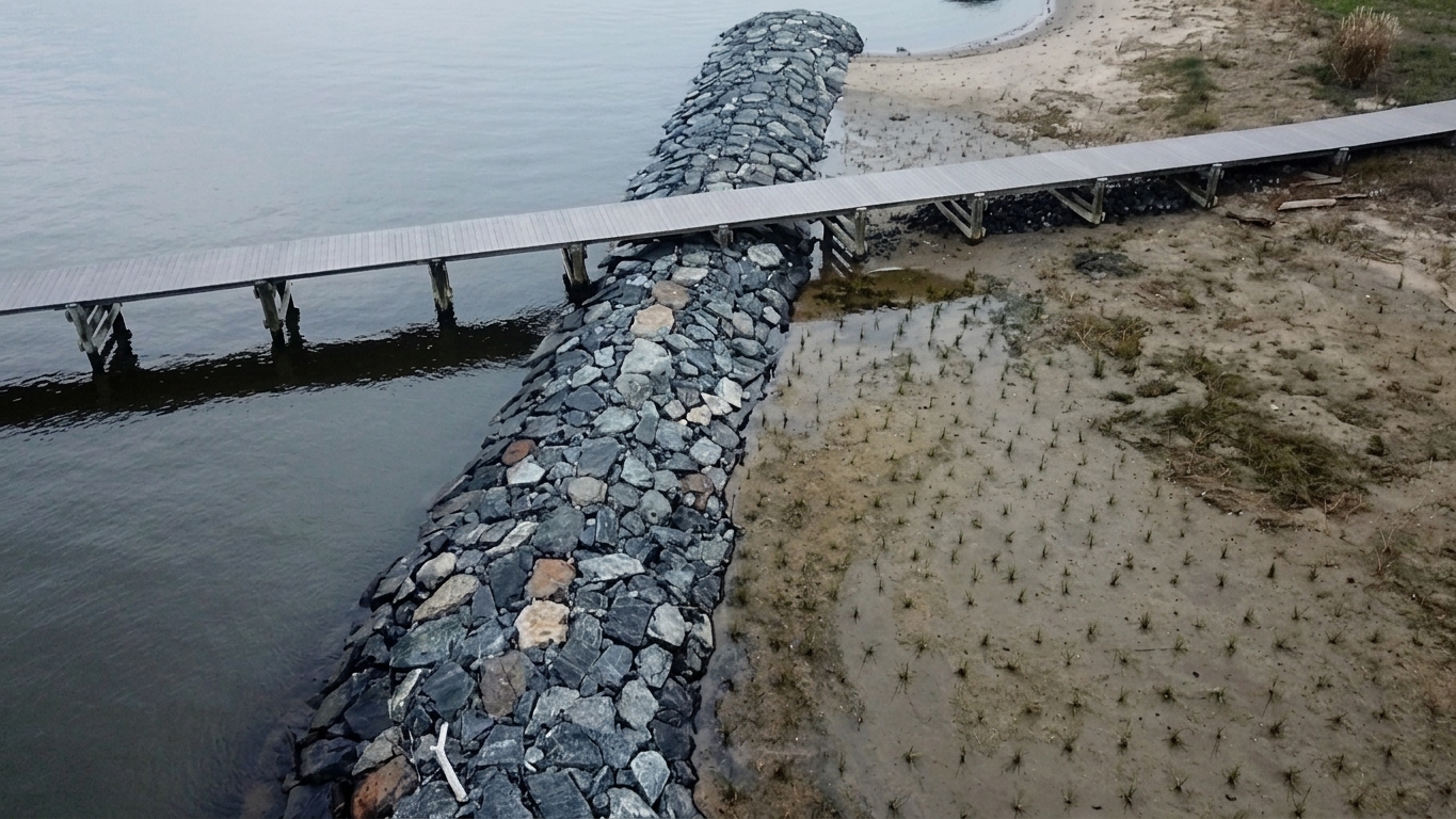 Turkey Point, 2019: the sill and pier with newly planted marsh.