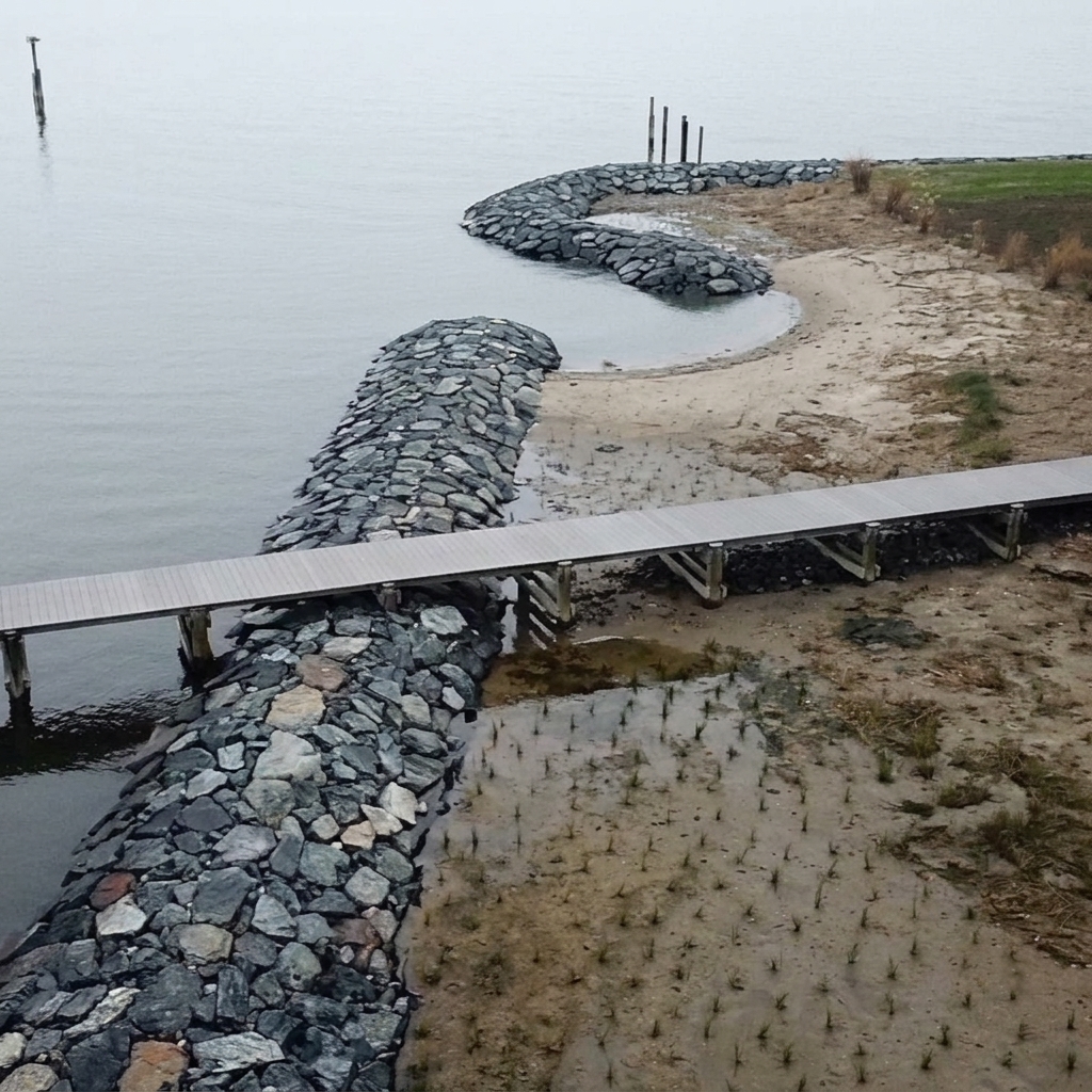 Turkey Point, 2019: aerial of the finished curved revetment with planted marsh and the pier.
